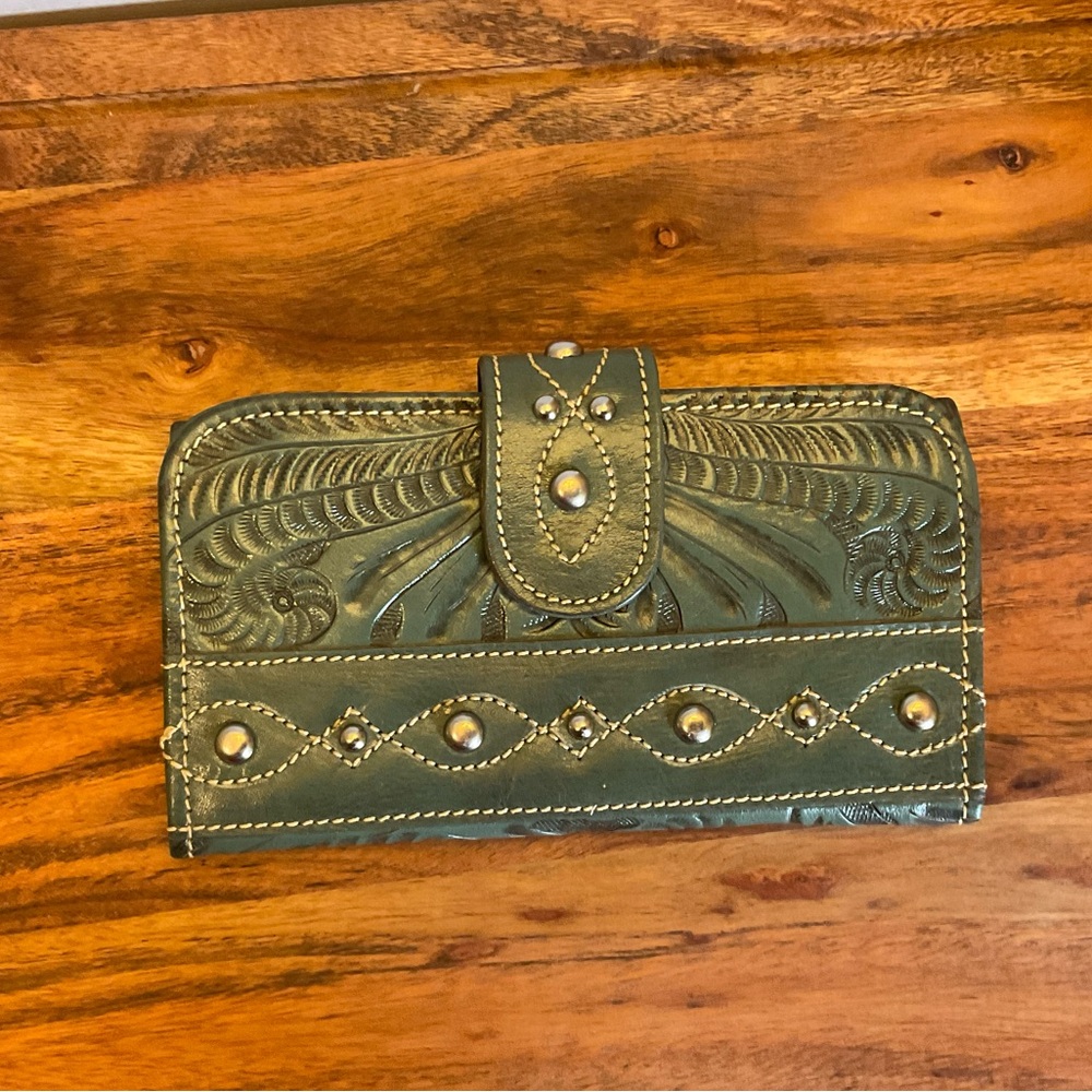 American West Hand-Tooled Green Leather Wallet w/ Studs – Western Boho